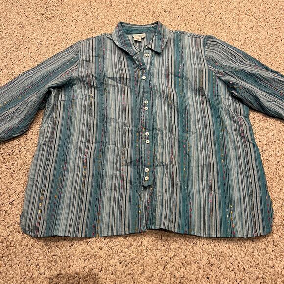 Coldwater Creek Women's Button Front Striped Top Sz 1X Textured Fringe Party - Picture 1 of 6